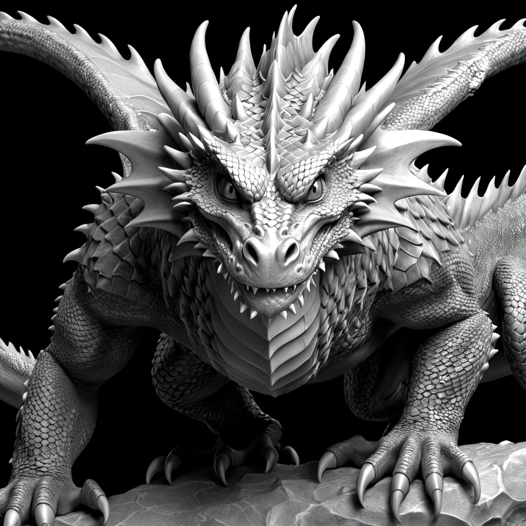 Grayscale 3D relief of a full body dragon, detailed scales and textures, high quality, 3D rendering, grayscale, relief art, CNC machine, detailed scales, realistic textures, professional, highres, ultra-detailed
