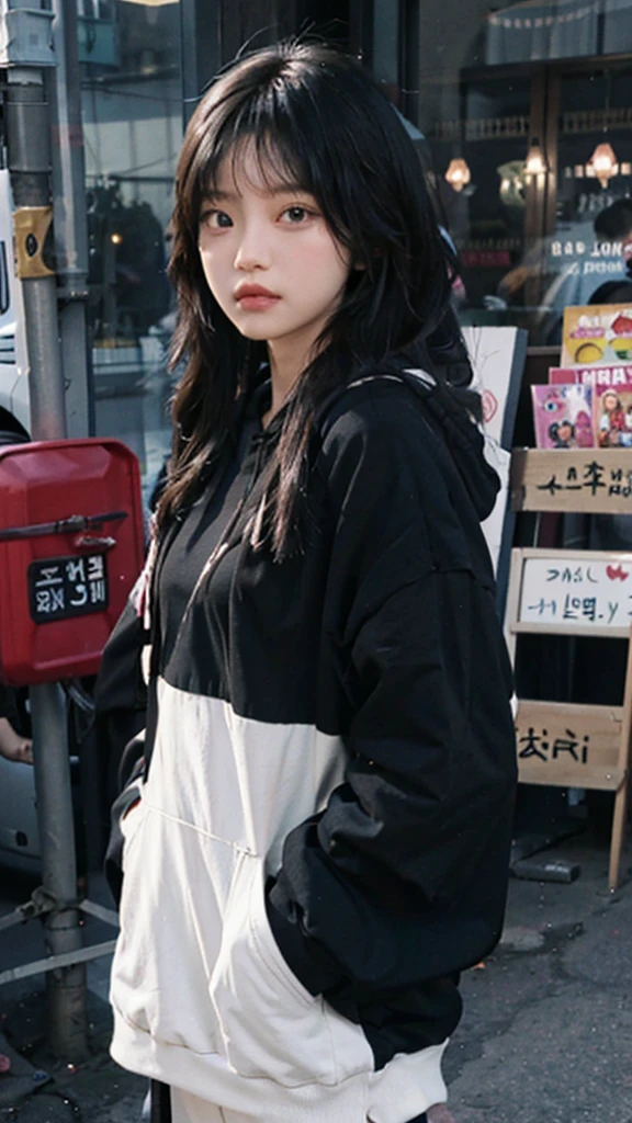 Long-haired Arafad woman wearing black hoodie, Portrait of a Korean female idol, guweiz style artwork, blackpink josie's portrait, jinyoung shin, Urzan, Minami Zaiwa, guweiz, kpop idol portrait, Brunette girl wearing hoodie, author:unbelievable, Li Zhien, Li Zhien,Long ponytail hairstyle,green hair and gray hair, Good-looking hair accessories, light green eyes,big eyes,Wearing red glasses,half rim glasses,