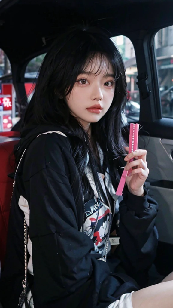 Long-haired Arafad woman wearing black hoodie, Portrait of a Korean female idol, guweiz style artwork, blackpink josie&#39;s portrait, jinyoung shin, Urzan, Minami Zaiwa, guweiz, kpop idol portrait, Brunette girl wearing hoodie, author：unbelievable, Li Zhien, Li Zhien，Long ponytail hairstyle，green hair and gray hair, Good-looking hair accessories, light green eyes，big eyes，Wearing red glasses，half rim glasses，