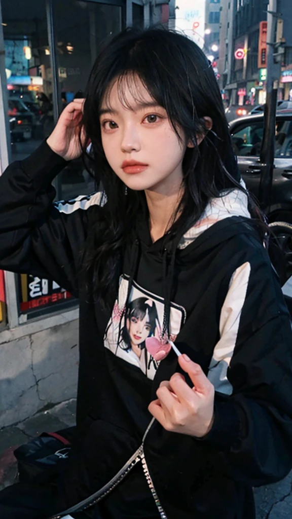 Long-haired Arafad woman wearing black hoodie, Portrait of a Korean female idol, guweiz style artwork, blackpink josie&#39;s portrait, jinyoung shin, Urzan, Minami Zaiwa, guweiz, kpop idol portrait, Brunette girl wearing hoodie, author：unbelievable, Li Zhien, Li Zhien，Long ponytail hairstyle，green hair and gray hair, Good-looking hair accessories, light green eyes，big eyes，Wearing red glasses，half rim glasses，