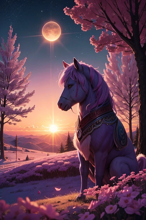 surreal drawing ,the disk of the sun descends towards the horizon, painting the sky in swirls of purple, pink and azure. Puffy clouds, like mythical creatures, drifting in slow motion. emerald fields, strewn with colorful flowers, flickering in the golden light of the setting sun. trees, as if in , branches stretch to the heavenly body, and the leaves shimmer with crimson. Frozen animals, as if enchanted by night magic.