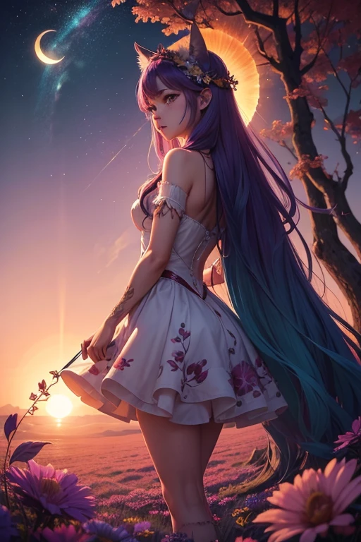 surreal drawing ,the disk of the sun descends towards the horizon, painting the sky in swirls of purple, pink and azure. Puffy clouds, like mythical creatures, drifting in slow motion. emerald fields, strewn with colorful flowers, flickering in the golden light of the setting sun. trees, as if in ecstasy, branches stretch to the heavenly body, and the leaves shimmer with crimson. Frozen animals, as if enchanted by night magic.