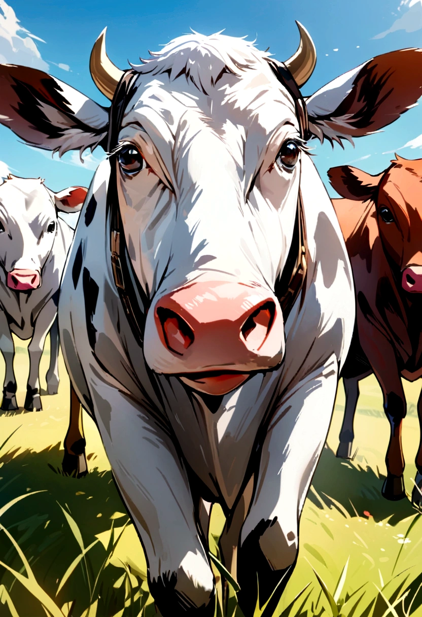 A bunch of cows in the middle of a field. Approaching perfection, Long take shot, Ultra detailed, smooth, 4K resolution, Animal. Niji-5