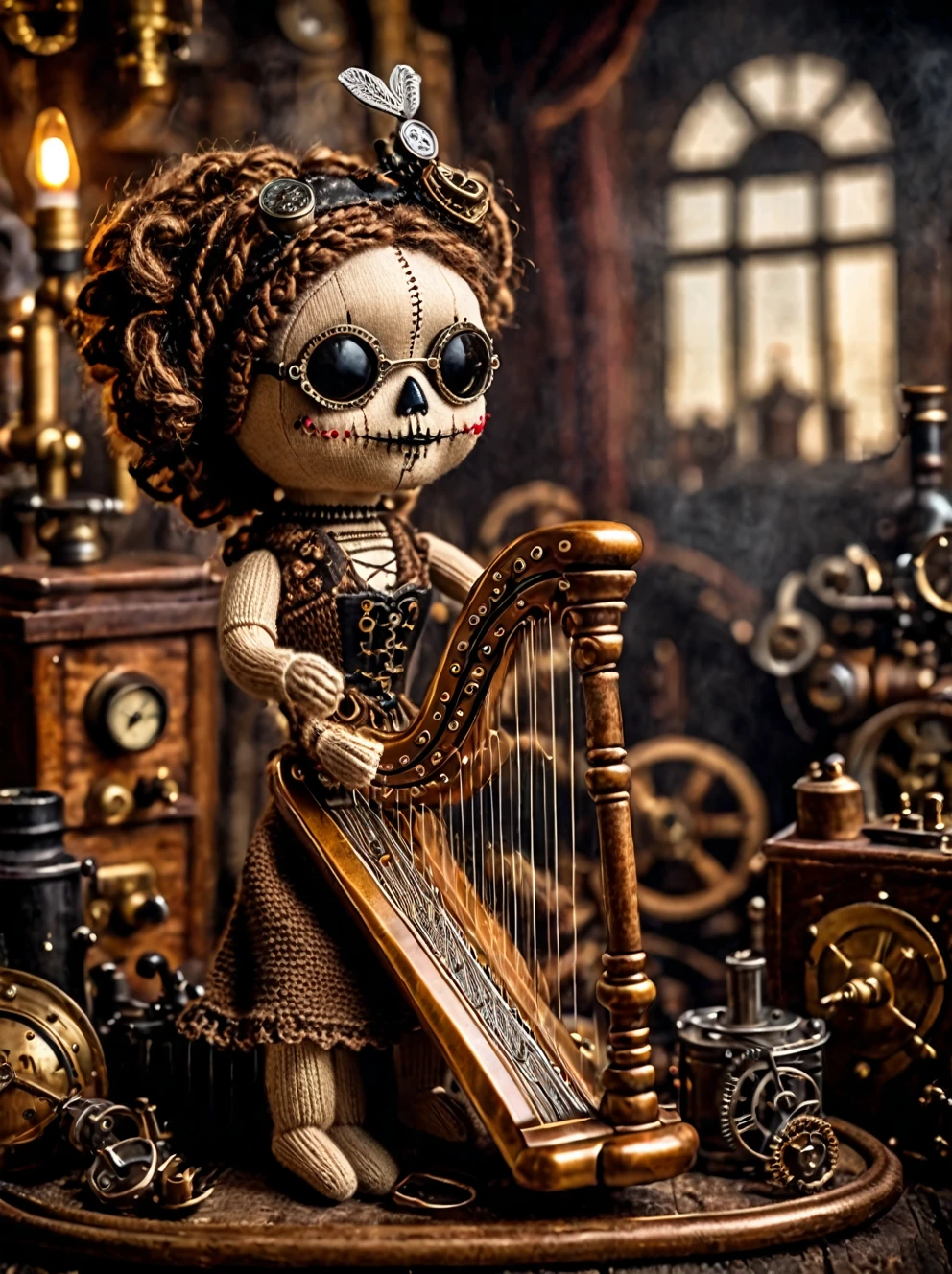 (voodoo doll playing knitted harp:1.2), (Voodoo Steampunk:1.3), (badass clothing: leather corset, aviator glasses, Gears and mechanical parts:1.0), (in the background steam engines, airships and Victorian buildings:1.2), best qualityer, work of art, detailed soft oil painting, detailed back ground, dramatic cinematic lighting, soft edge lighting, proffesional, dramatic lighting, hard edge lighting, ultra quality, 4K, work of art, best qualityer, 8K, ultra high definition, high resolution, extremely detaild, perfect details of the harp.