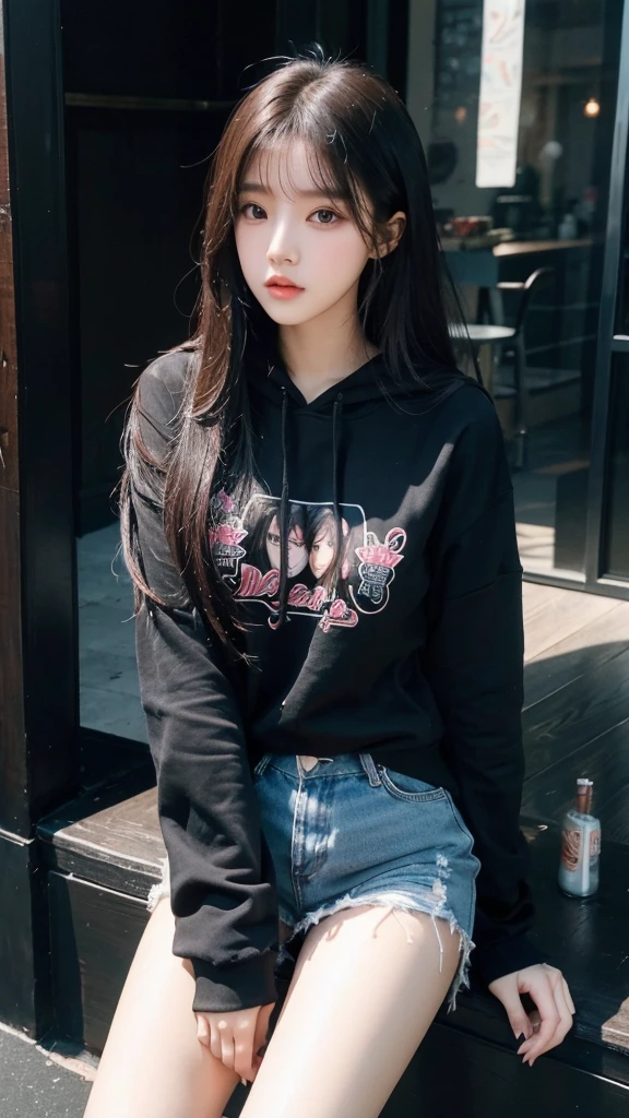 Long-haired Arafad woman wearing black hoodie, Portrait of a Korean female idol, guweiz style artwork, blackpink josie's portrait, jinyoung shin, Urzan, Minami Zaiwa, guweiz, kpop idol portrait, Brunette girl wearing hoodie, author:unbelievable, Li Zhien, Li Zhien,Long ponytail hairstyle,green hair and gray hair, Good-looking hair accessories, light green eyes,big eyes,Wearing red glasses,half rim glasses,
