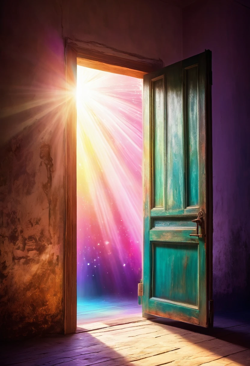 Dreamy space，There is a door，Light，Rays of Light，Colorful，Art style，pictorial，poster