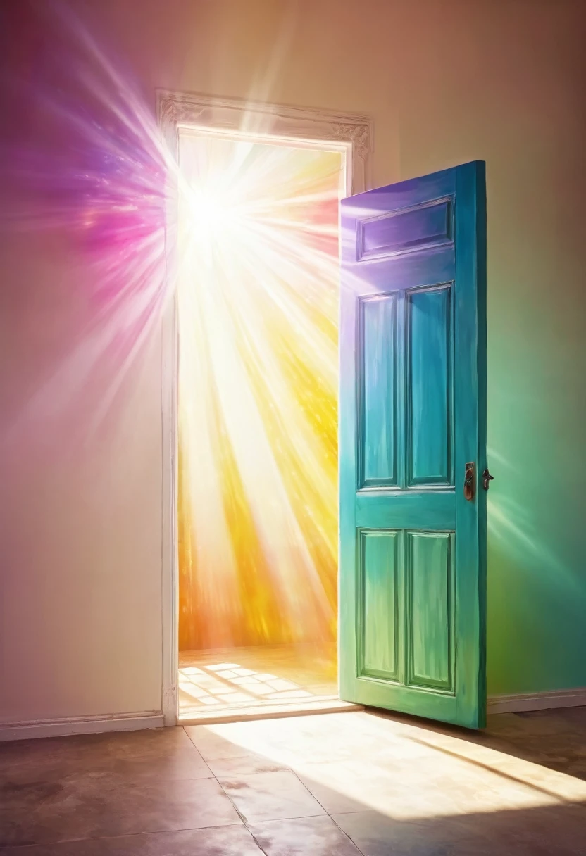 Dreamy space，There is a door，Light，Rays of Light，Colorful，Art style，pictorial，poster