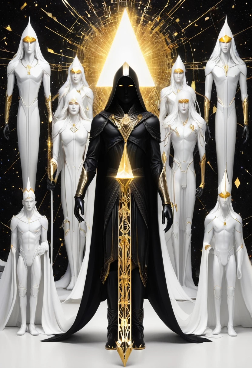 Void place, all black around, man with long goden hair golden eyes white skin, man holding a great prism with both hands, prism man is holding have white color, behind the man 8 all black humanoid figures, behind the 8 all black humanoid figures a humanoid white figure with a long all white staff in one hand.