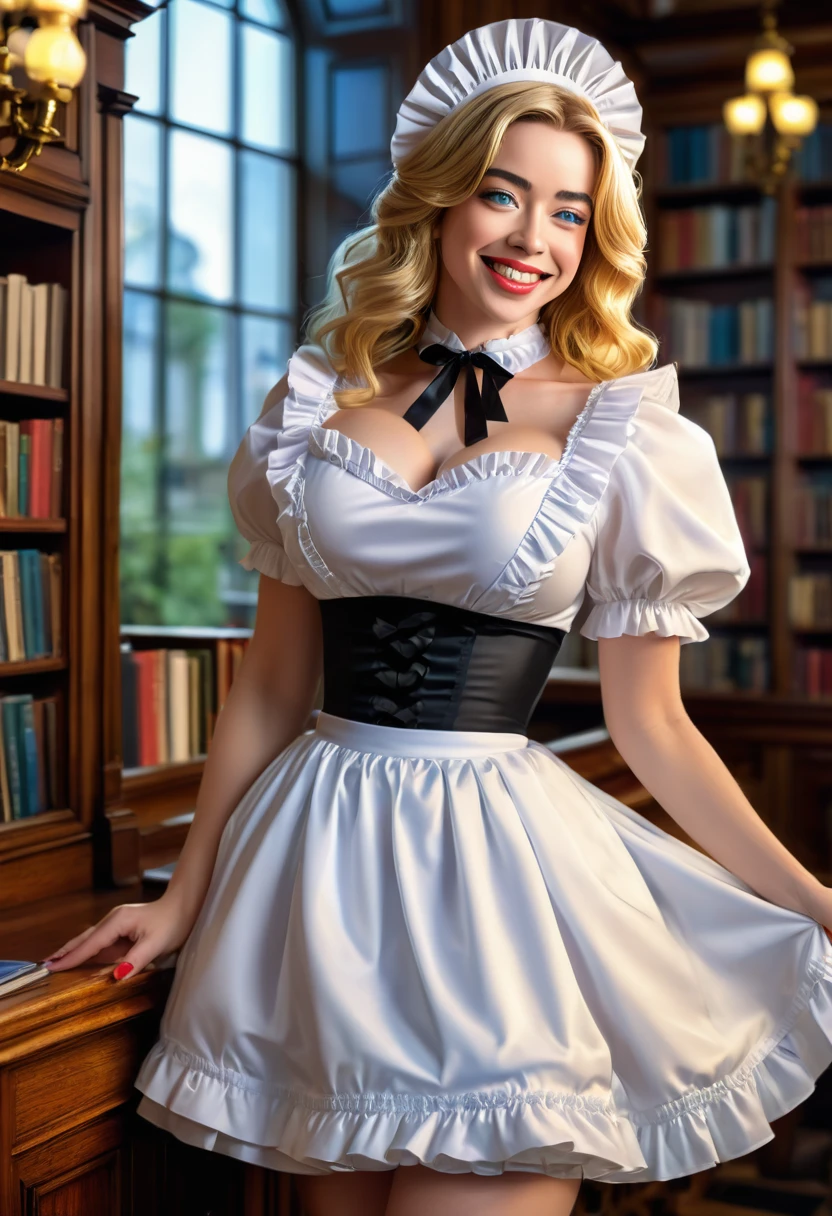 A pretty maid. best quality, masterpiece, gold blond hair, sky blue eyes, wearing a steriotypical French maid outfit, (headdress、white blouse、black ribbon、White Apron、ruffle skirt、puff sleeves、collar、choker、apron with fine ruffles：1.3)、black maid costume). looking up, upper body,hair strand,Fair skin, Large chest,. Adorable, mature Woman,detailed big-eyed woman, round face. promenent red lips. Smileing,In the mansion library, large ass, Picture from the side,looking at the scenes, intense colors, Very valuable details, complex details, volumetric lighting, digital art, 8k, trending on Artstation, Clear focus, complex details, highly detail, Greg Rutkowski Big Eyes, high-resolution, flaxen-gold-hair. Laura Vandervoortr., attractive chest, .Photorealistic. Confidence, self esteem, assertiveness, dominance. wide Amused smile. Sultry expression. , Cleavage. Perky bosum. Anna Popplewell
