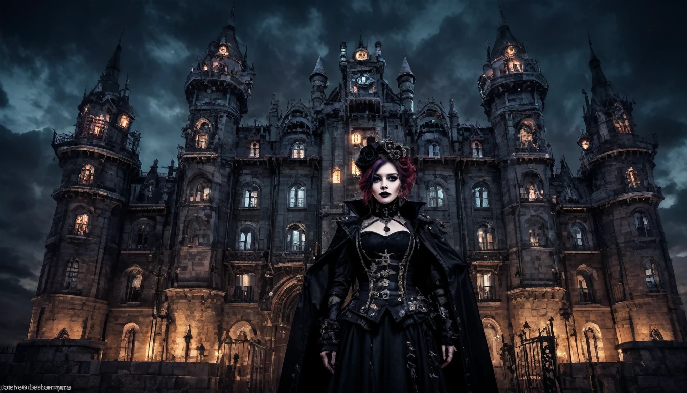 gothic aesthetics, a combination of styles, Gothic combined with steampunk, double exposure photography, Gothic castle in the twilight zone, mechanical steampunk vampire with iron vampire fangs, (gothic:1.3) in combination with (steampunk:1.3), dark palette and Gothic palette, 32K high resolution, high definition