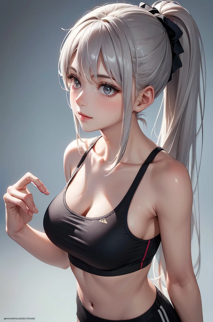 (Best Quality,High resolution,8K,finelity detailed background,Masterpiece:1.2),beautiful girl,Glossy romance gray hair,pony tail,Gray eyes,Gentle look,A refreshing look,Best quality,Best Quality,Aesthetic and aesthetic:1.2,Best details((Super detailed))(High-definition CG illustrations),Tank top,Training wear,Slender body,Training Gym,smile,blush,cute,Scrounge,Looking up,Being spoiled,super model,shoot from above