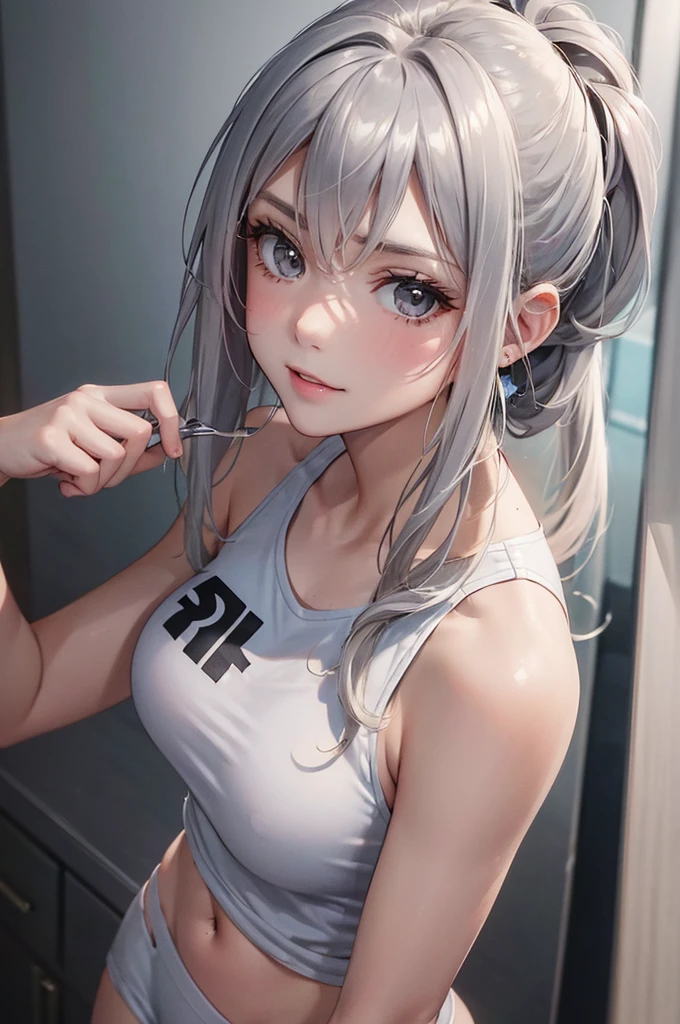 (Best Quality,High resolution,8K,finelity detailed background,Masterpiece:1.2),beautiful girl,Glossy romance gray hair,pony tail,Gray eyes,Gentle look,A refreshing look,Best quality,Best Quality,Aesthetic and aesthetic:1.2,Best details((Super detailed))(High-definition CG illustrations),Tank top,Training wear,Slender body,Training Gym,smile,blush,cute,Scrounge,Looking up,Being spoiled,super model,shoot from above