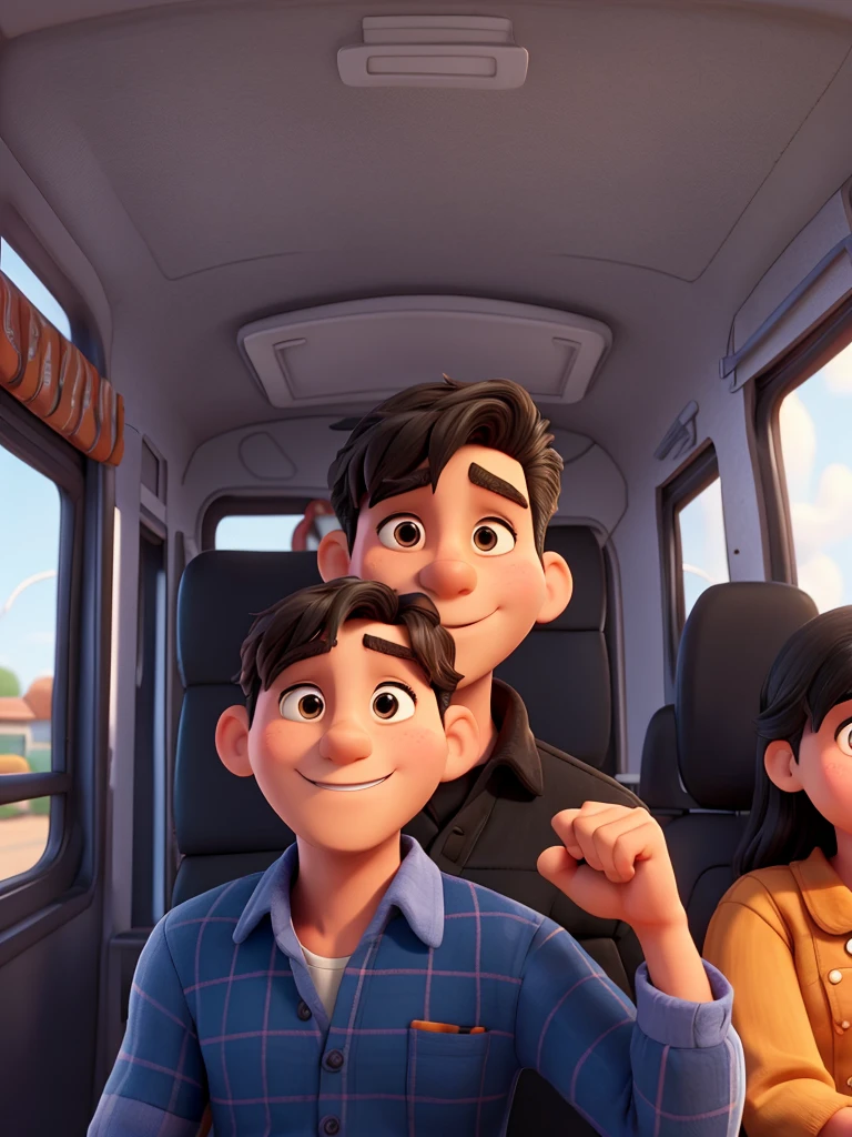 Create disney style illustration of man driving a small school bus, The man should be happy with perfect teeth and somewhat muscular in semi-formal clothing, straight hairstyle black hair. The man must wave with his hand saying goodbye to the people. Add colorful birthday balloons. You must drive the bus as a driver and say hello. Add a movie title that says “happy birthday uncle king”.