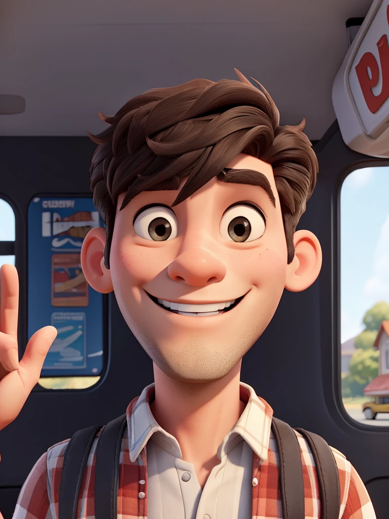 Create disney style illustration of man driving a small school bus, The man should be happy with perfect teeth and somewhat muscular in semi-formal clothing, straight hairstyle black hair. The man must wave with his hand saying goodbye to the people. Add colorful birthday balloons. You must drive the bus as a driver and say hello. Add a movie title that says “happy birthday uncle king”.