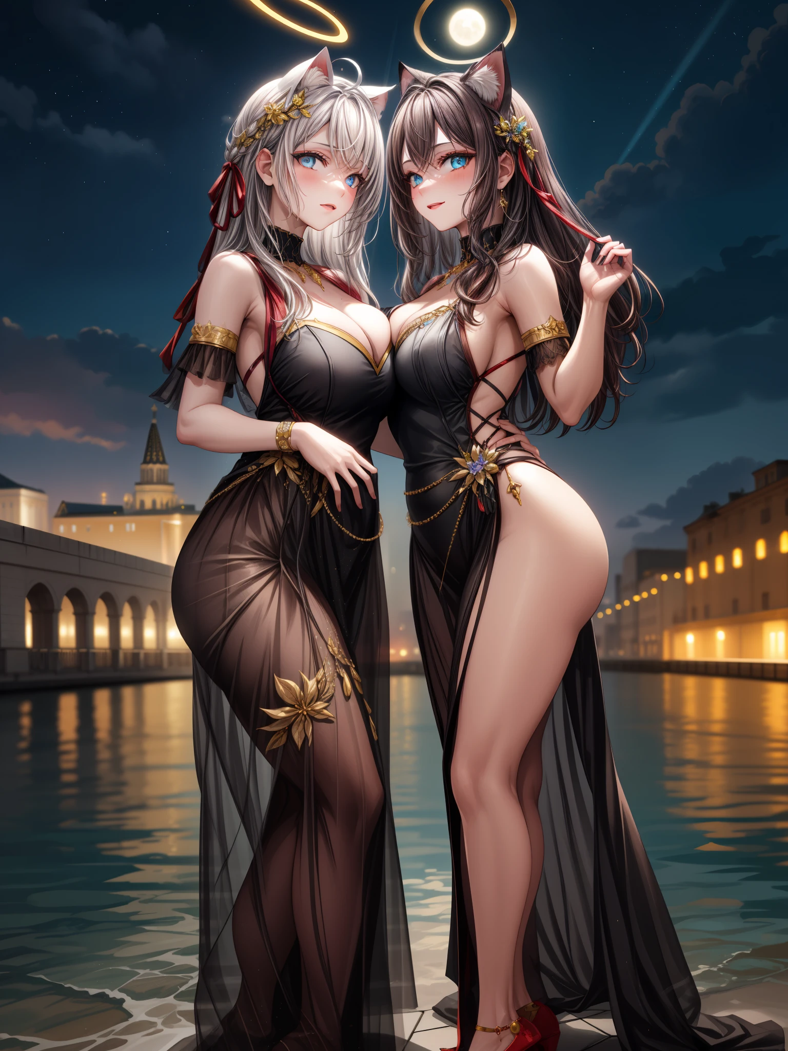 

(1girl), (masterpiece), (best quality), ((looking at the viewer)),((facing the viewer))

Her hair, as white as the moon, cascades in soft waves over her shoulders, capturing light subtly and adding a halo of mystery to her figure. Her eyes, blue as a tranquil ocean, sparkle with a mischievous glint and a seduction  contained. When she looks directly at you, her gaze penetrates with a captivating intensity, inviting the observer to uncover the secrets hidden behind her serene facade.

Her face is softly sculpted, with delicately defined cheekbones and soft lips that curve into a suggestive smile. Her pale, perfectly cared-for skin enhances the purity of her features, while her black dress, adorned with intricate golden details, embraces her figure with elegance, revealing just enough to suggest but not to fully disclose.

Walking with feline grace, each movement of her body exudes a sensual confidence and an air of mystery. Her presence not only attracts glances but also leaves an indelible impression on those who cross her path in the vibrant night of Moscow.