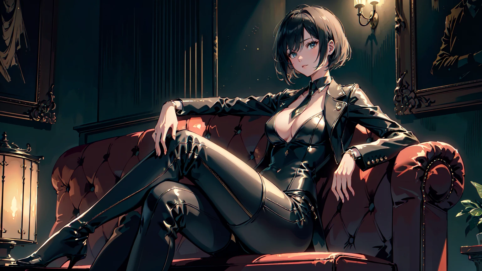 (Masterpiece, Best Quality, Ultra High Resolution , Digital Art,Beautiful and Aesthetic ) . ( One Fashionable adult girl with a short oblique bob, slender figure, expressive and dominating look ) in modern men's suit in youth style , matte black color , lovely thin white but long tie , (silk thick threads of red color connect the necklines on the sides of the whole suit) , . The character sits on a large massive sofa with lots of leather and metal patterns on it in vintage style , an interesting and atmospheric pose that characterizes the character , .