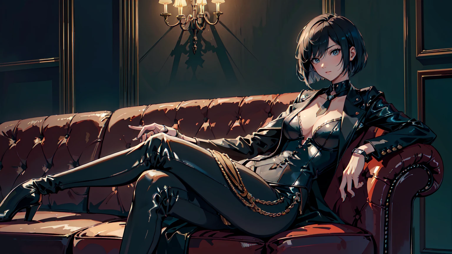 (Masterpiece, Best Quality, Ultra High Resolution , Digital Art,Beautiful and Aesthetic ) . ( One Fashionable adult girl with a short oblique bob, slender figure, expressive and dominating look ) in modern men's suit in youth style , matte black color , lovely thin white but long tie , (silk thick threads of red color connect the necklines on the sides of the whole suit) , . The character sits on a large massive sofa with lots of leather and metal patterns on it in vintage style , an interesting and atmospheric pose that characterizes the character , .
