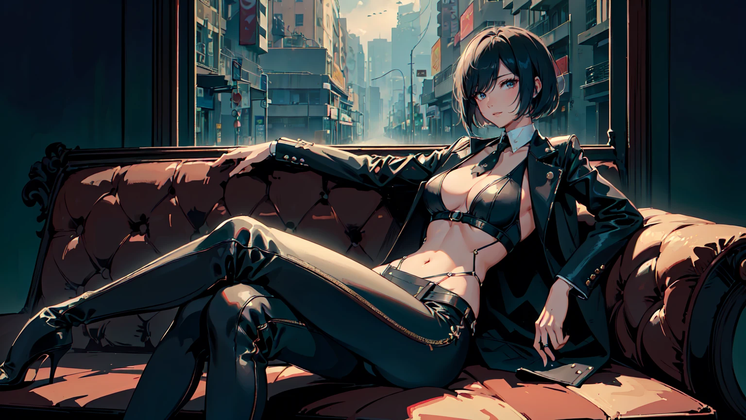 (Masterpiece, Best Quality, Ultra High Resolution , Digital Art,Beautiful and Aesthetic ) . ( One Fashionable adult girl with a short oblique bob, slender figure, expressive and dominating look ) in modern men's suit in youth style , matte black color , lovely thin white but long tie , (silk thick threads of red color connect the necklines on the sides of the whole suit) , . The character sits on a large massive sofa with lots of leather and metal patterns on it in vintage style , an interesting and atmospheric pose that characterizes the character , .