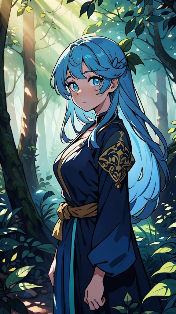 a beautiful anime girl with long blue hair, vibrant blue eyes, detailed facial features, flowing dress, standing in a lush fantasy forest landscape, sunlight filtering through the trees, digital painting, intricate details, cinematic lighting, highly detailed, 8k, photorealistic, masterpiece