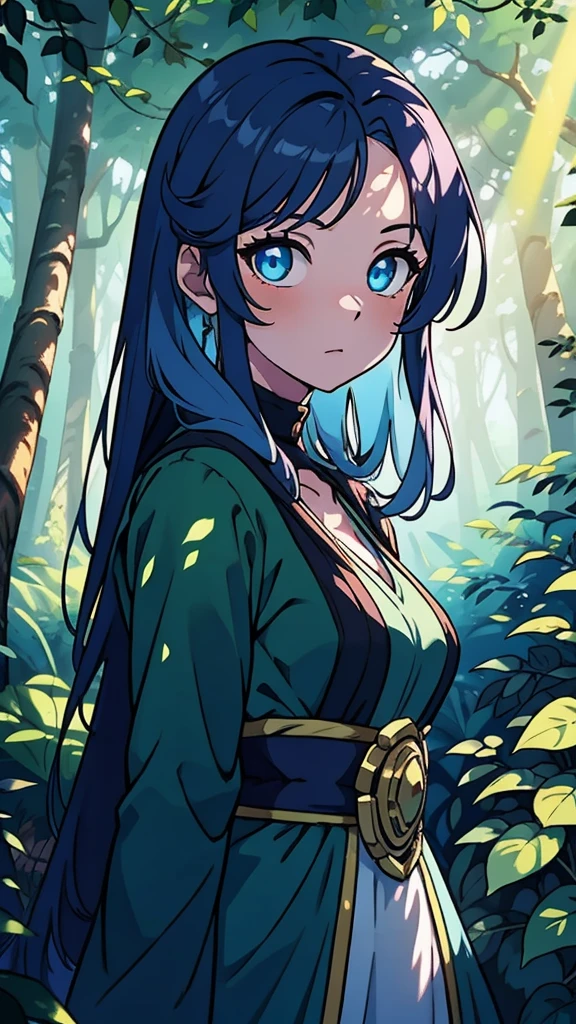 a beautiful anime girl with long blue hair, vibrant blue eyes, detailed facial features, flowing dress, standing in a lush fantasy forest landscape, sunlight filtering through the trees, digital painting, intricate details, cinematic lighting, highly detailed, 8k, photorealistic, masterpiece