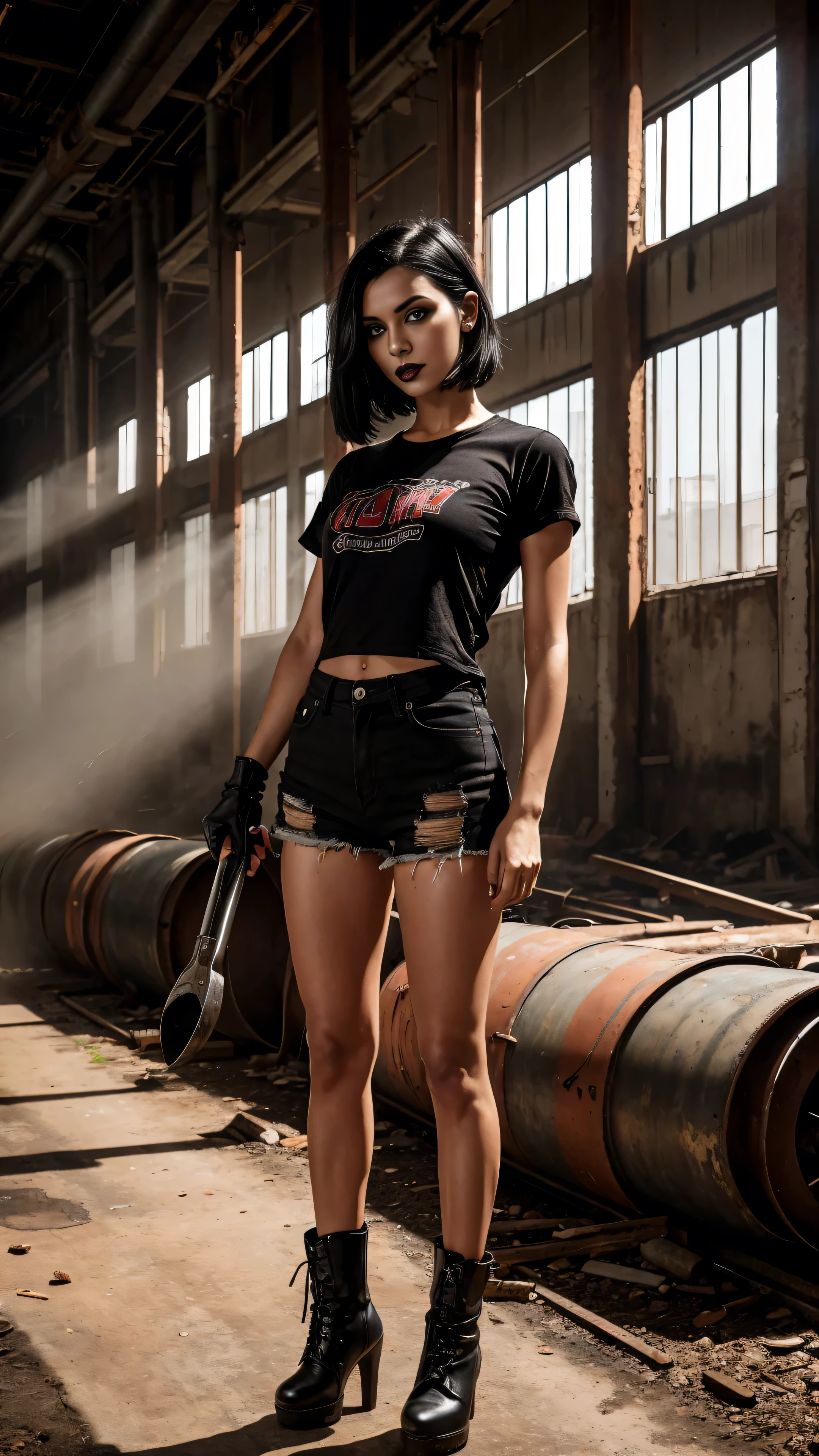 A woman between 25 and 30 years old with slender short straight black hair dark brown eyes, ((Black lipstick on lips)) ((dark makeup around the eyes))wearing a black t-shirt and black denim shorts, is standing holding a very large wrench, the environment is the interior of an old abandoned factory with pipes and registers everywhere sunlight coming from above some dry leaves on the floor dust grains in the air rust in the pipes small steam leaks in some pipes, the image conveys the beauty of a professional photograph highlighting the beauty of the girl and the details of the factory where she is.