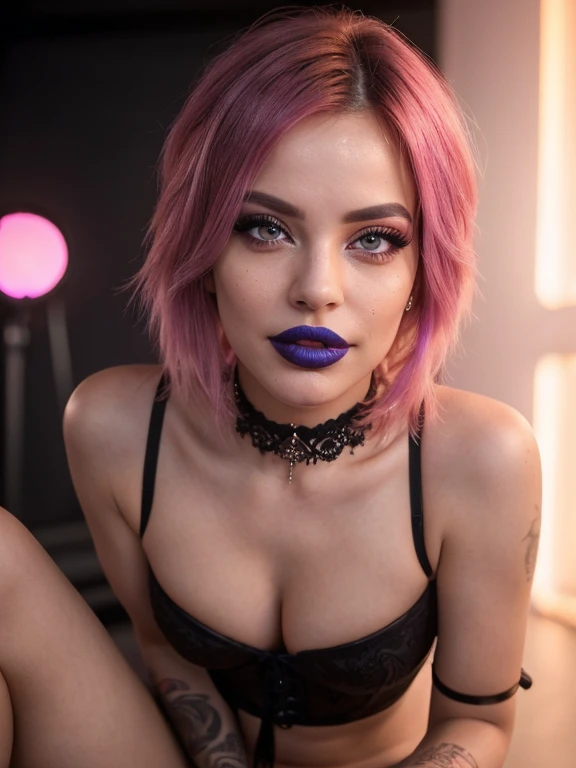 full body photo of skinny  model , (best quality,4k,8k,highres,masterpiece:1.2), ultra-detailed, (realistic,photorealistic,photo-realistic:1.37), intricate cyberpunk corset and ,(beautiful detailed eyes, beautiful detailed lips, extremely detailed eyes and face, long eyelashes), studio lighting,physically-based rendering,vivid colors, (cyberpunk, bright neon hair and makeup, tattoos, jewelry with built-in LED lights, ), ( sticking out, mouth open, lips open, eyes wide open,  face,  smile,  face),  (facing the viewer:1.5), (intense eye contact:1.5), small , intricate choker, long legs, posing, stretching