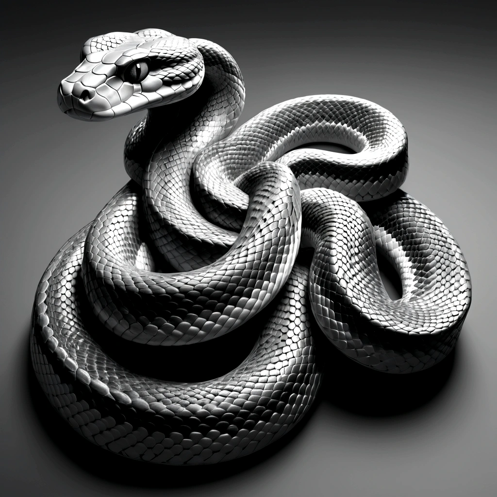 Grayscale 3D relief of a full body snake, detailed scales and textures, high quality, 3D rendering, grayscale, relief art, CNC machine, detailed scales, realistic textures, professional, highres, ultra-detailed