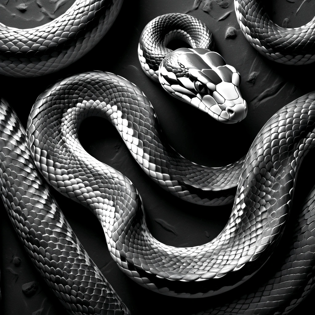 Grayscale 3D relief of a full body snake, detailed scales and textures, high quality, 3D rendering, grayscale, relief art, CNC machine, detailed scales, realistic textures, professional, highres, ultra-detailed
