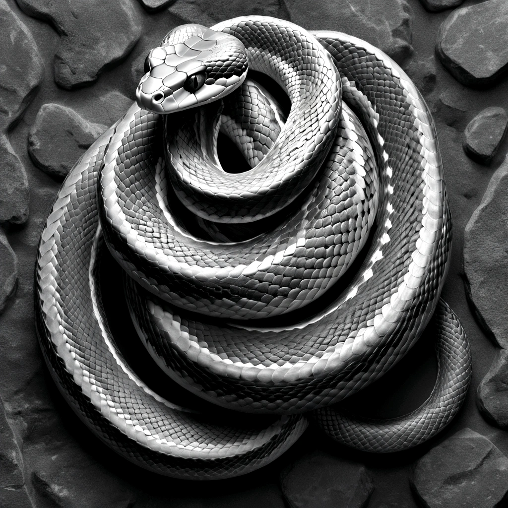 Grayscale 3D relief of a full body snake, detailed scales and textures, high quality, 3D rendering, grayscale, relief art, CNC machine, detailed scales, realistic textures, professional, highres, ultra-detailed