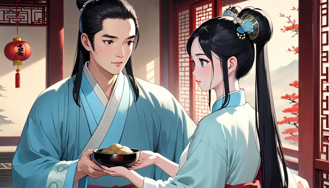 1 male and 1 female,A young Chinese man named John and a young Chinese woman named Amy。John has a round face,Fair skin tone,Black eyes,And put his long black hair into a bun,Wearing light sky blue traditional Chinese scholar robe。Amy has an oval face,Fair skin tone,Black eyes和弧形的眉毛,Her straight black hair was tied into a high bun.,Wearing a white crown and white earrings,Wearing white traditional Chinese clothing,And wear a white necklace and a white bracelet。John is gently handing Amy a bowl of realgar wine,