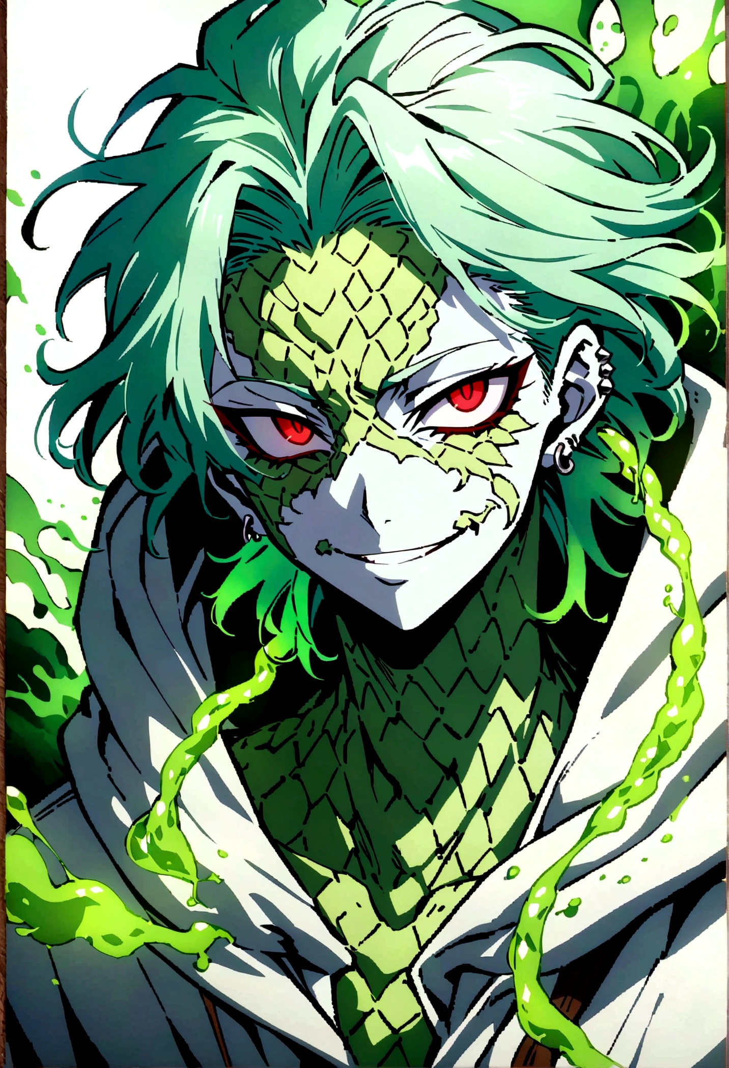 Generate an anime-style illustration of a age male character with the appearance of a Gorgon. He should have pale skin, sharp facial features, and a monstrous look, with green scales covering parts of his face and body. His hair should be made entirely of slender, elegant white snakes with subtle green highlights, all oozing a green liquid aura. The snakes should have piercing red eyes. The character should be wearing a white trench coat hoodie with accents of green, creating a harmonious green and white color theme. He should have a sinister grin on his face. Please ensure that the overall aesthetic remains true to traditional anime art style.