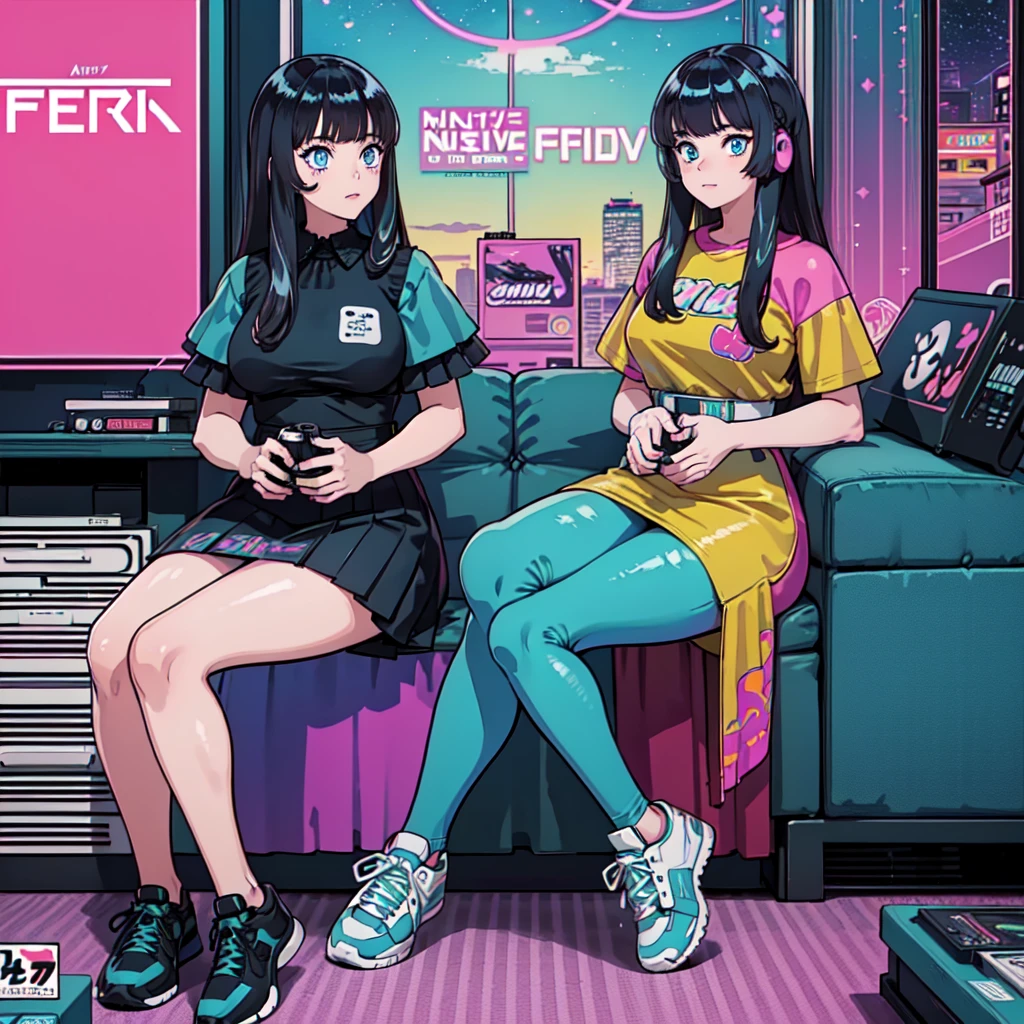 (masterpiece), Highest quality, Expressive eyes, Neon pastel aesthetics, Retro 90s, Neon color,((Girl sitting on sofa,In a cozy room,Records hanging on her wall, Comic books on the floor, Looking out the window behind her at the night city, Upholstered room, Anime figures lined up on a shelf)), Wearing headphones, (All around her it sparkles), (wearing thick colorful sneakers), (blue eyes), (Soft look), (Synthwave Art Style), Colorful Hair, Desk with PC set up