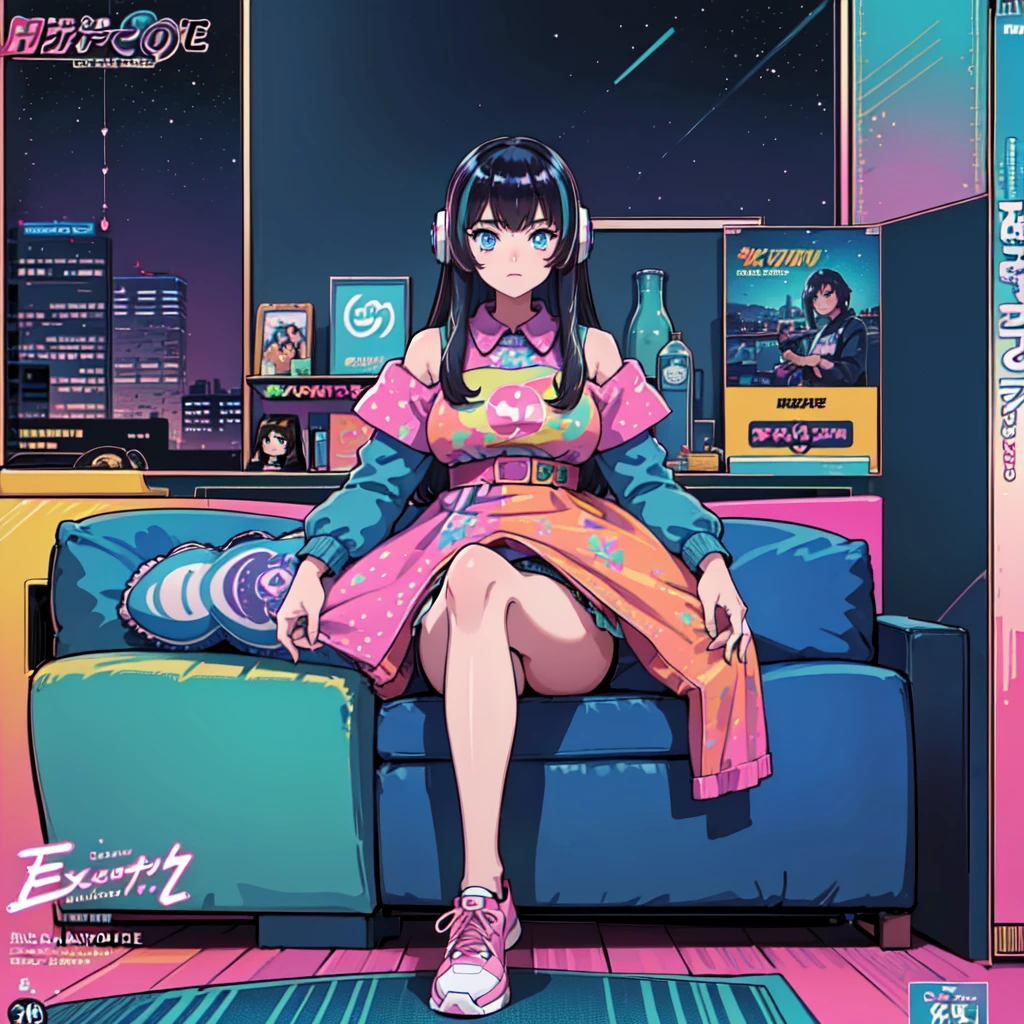 (masterpiece), Highest quality, Expressive eyes, Neon pastel aesthetics, Retro 90s, Neon color,((Girl sitting on sofa,In a cozy room,Records hanging on her wall, Comic books on the floor, Looking out the window behind her at the night city, Upholstered room, Anime figures lined up on a shelf)), Wearing headphones, (All around her it sparkles), (wearing thick colorful sneakers), (blue eyes), (Soft look), (Synthwave Art Style), Colorful Hair, Desk with PC set up