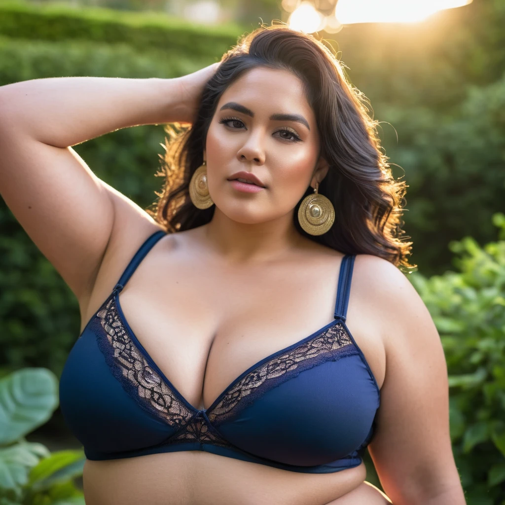 (upper body) (plus size:1.1) latin woman earrings wearing (loose cheap bralette:1.5), (cleavage:1.5), (large boobs:1.2), (sagging boobs:1.6), (ultra detailed skin:1.1), extremely detailed, garden with morning light scenery, warm lighting, canon lens, shot on dslr, 64 megapixels, sharp focus, (photorealistic:1.3)
