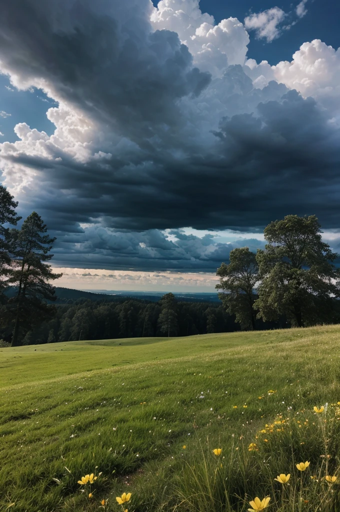 beautiful dark night, open ground,dark clouds, newly married korian boy with korian girl, beutiful weather and clean environment, BREAK (masterpiece, best quality:1.2), outdoors, nature, forest, pines, grass, tall grass, detailed grass, plants, day, clouds, flower