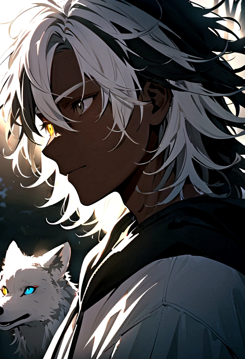 white shirt, wearing a black hoodie , yellow and black eyes heterochromia , happy expression, Messy hair , Medium length hair , 1 men , multicolored black and white hair , two tone hair , dark skin color, while leaning against a tree