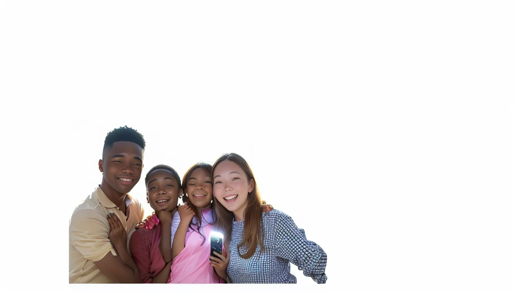 There are three people posing for a photo together with a cell phone., very precise photo, White background!!!!!!!!!!, Background removed, realistic photo, light background, happy family, very very low quality image, not blurry, background blur, great!, the background is heavenly, on light background, retouched, having a great time, bottomless, blurred image, Distant photo