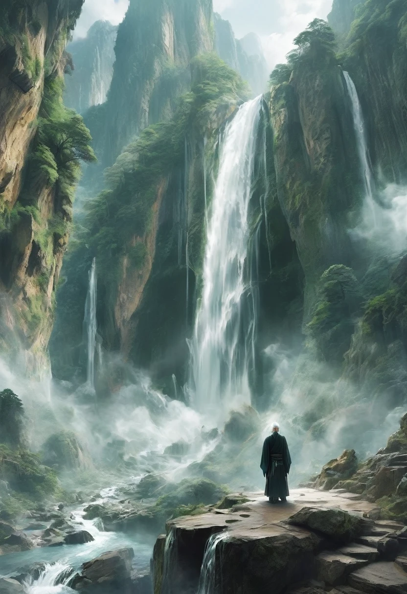 solo,(elder:1.2),(eyes_closed:1.2),kindly,mountain deity,freehand landscape painting,a male image,peak,waterfall,waterfall,gods,immortal,giant gods and mountains merge into one,white hair,white beard,white eyebrows,wrinkle,, masterpiece,best quality,highly detailed,Amazing,finely detail,extremely detailed CG unity 8k wallpaper,score:>=60,, beautiful detailed eyes,Fine hair texture,, incredibly absurdres,wallpaper,realistic,real,photo,landscape,foreshortening,xianxia
