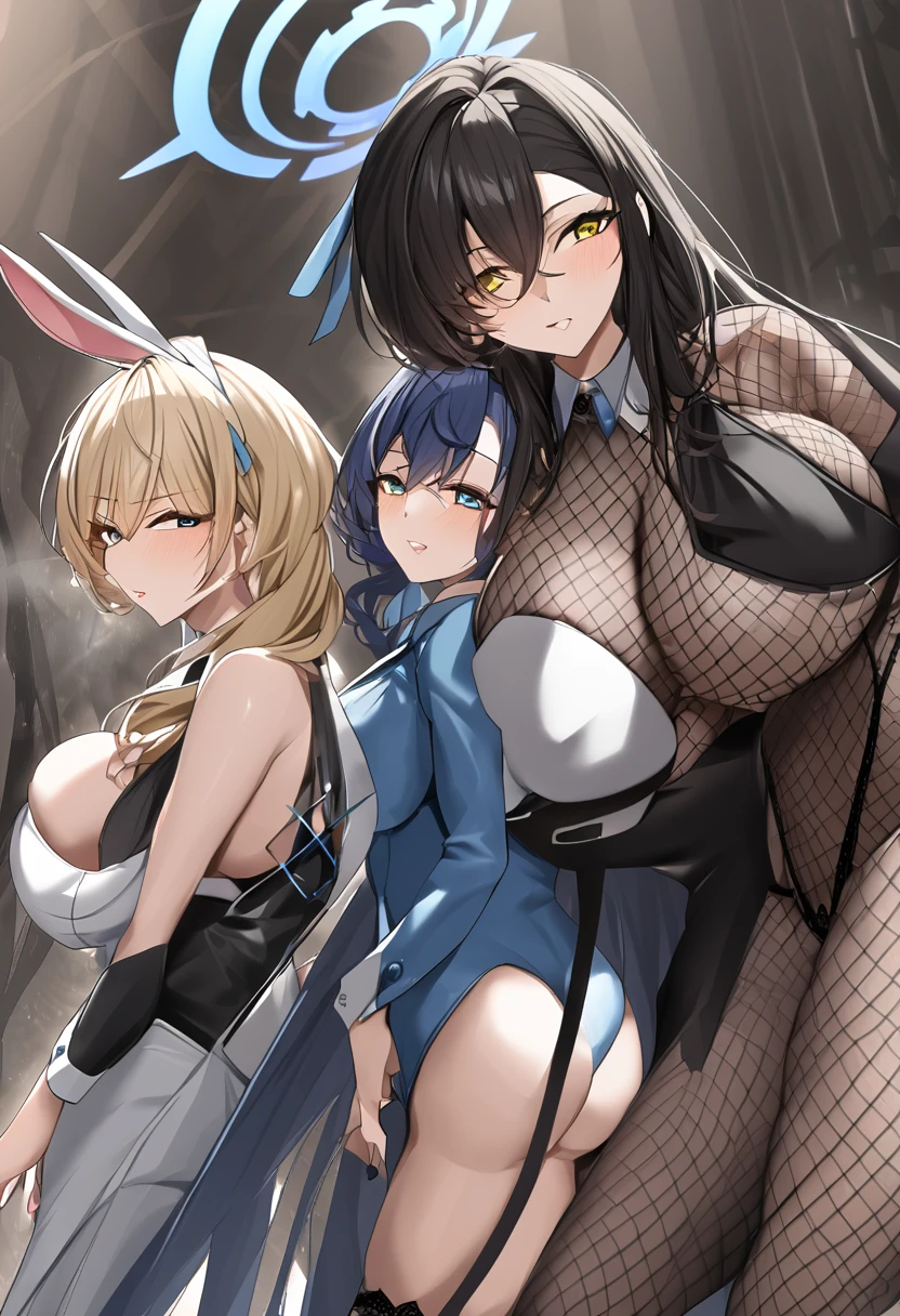((4girls))、bunny girl、white rabbit ears、wrist cuffs、black leotard、sagging breast、(milf、Mature Woman:1.3)、Black fishnet stockings、garter belt、blue_archive、(((Karin the Horned Shield、black skin、Yellow Eyes、Black Hair、long hair、Black bunny suit)))、(((Ichinose Asuna、Blonde、long hair、hair over one eye、Light blue bunny suit)))、(((Ganyu Ako、Light blue hair、Short Hair、Light blue eyes、Light blue bunny suit)))、(((Hasumi Hakawa、Black Hair、long hair、Black Eyes、White bunny suit)))、Halo、casino、casino、casinoテーブル、Black high heels