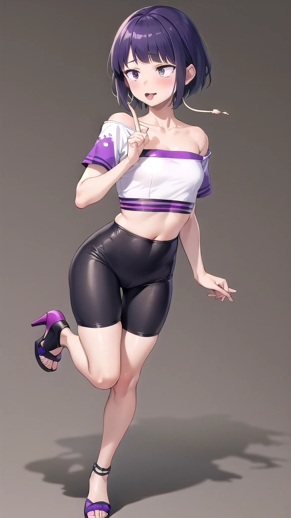 kyoka jiro, 1girl, solo, breasts, blush, short hair, bangs, simple forest background, strapless mini croptop, black spandex, open-toe platform high heels, open mouth, purple eyes, collarbone, full body, purple hair, short sleeves, blunt bangs, looking away, long earlobes, tiny waist, sticking tongue out, middle finger up
