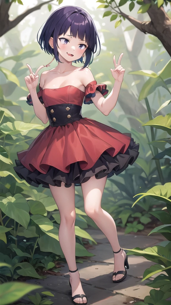 kyoka jiro, 1girl, solo, breasts, blush, short hair, bangs, simple forest background, strapless mini croptop, black spandex, open-toe platform high heels, open mouth, purple eyes, collarbone, full body, purple hair, short sleeves, blunt bangs, looking away, long earlobes, tiny waist, sticking tongue out, middle finger up
