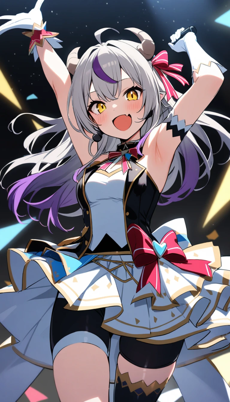 32k, 1girl, solo, long hair, looking at viewer, blush, smile, open mouth, bangs, thighhighs, gloves, dress, holding, standing, yellow eyes, purple hair, ahoge, grey hair, multicolored hair, horns, alternate costume, fang, white gloves, armpits, arm up, official alternate costume, streaked hair, standing on one leg, demon girl, demon horns, bike shorts, single thighhigh, microphone, skin fang, holding microphone, idol, idol clothes, hololive idol uniform,