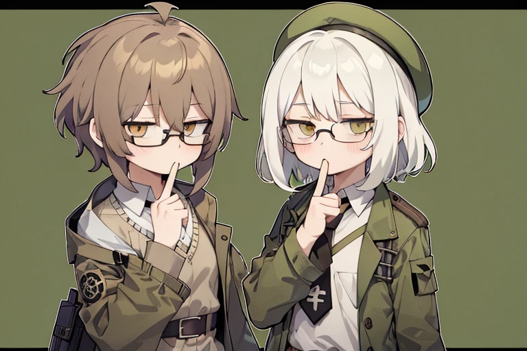 short hair,long ahoge,shirt,White hair,Brown eyes,circle-glasses,Brown tie,brown skirt,dark green beret,Dark green jacket,girl with,steampunkai,sleepeace,retro army background,jitome,fg2h, fingergun,hand to own mouth