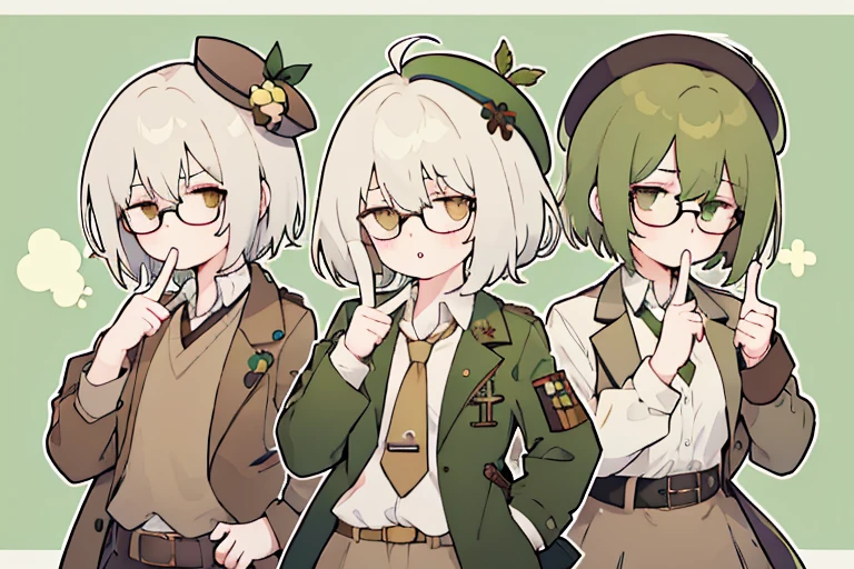 short hair,long ahoge,shirt,White hair,Brown eyes,circle-glasses,Brown tie,brown skirt,dark green beret,Dark green jacket,girl with,steampunkai,sleepeace,retro army background,jitome,fg2h, fingergun,hand to own mouth