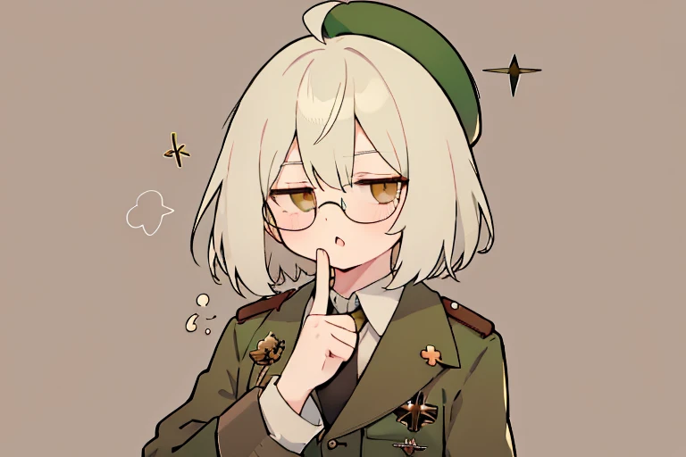 short hair,long ahoge,shirt,White hair,Brown eyes,circle-glasses,Brown tie,brown skirt,dark green beret,Dark green jacket,girl with,steampunkai,sleepeace,retro army background,jitome,fg2h, fingergun,hand to own mouth