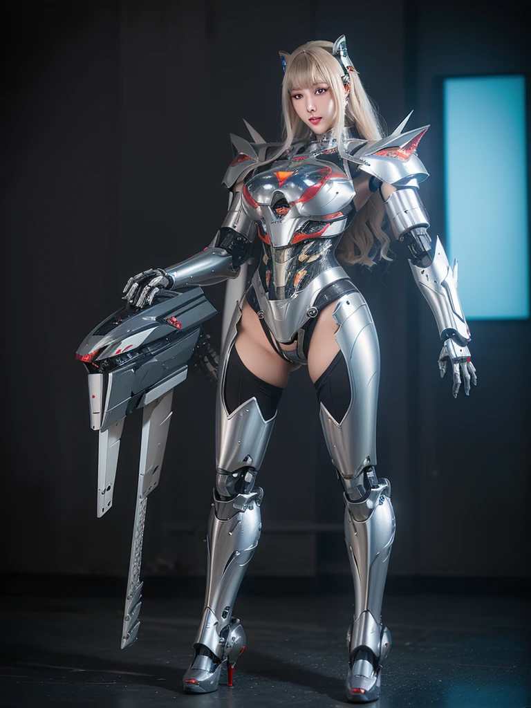 Super Detail, High Detail, high quality, best quality, High resolution，1 female robot，Beautiful female robot,beautiful clear face(Rain waves_haneame：1.5)， Mechanical body(Smooth metal surface，silver armor，Mechanical seams of skin，beautiful body curves)，Mechanical body structure,High-tech all over the body(mecha armor : 1.5)，Streamlined mechanical armor (Relatively thick，Highlight breast curves),cat ear antenna hair accessories，Mechanical parts damage