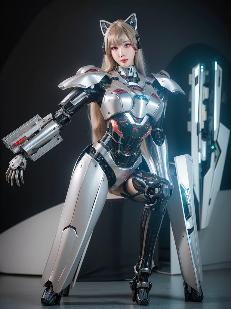 Super Detail, High Detail, high quality, best quality, High resolution，1 female robot，Beautiful female robot,beautiful clear face(Rain waves_haneame：1.5)， Mechanical body(Smooth metal surface，silver armor，Mechanical seams of skin，beautiful body curves)，Mechanical body structure,High-tech all over the body(mecha armor : 1.5)，Streamlined mechanical armor (Relatively thick，Highlight breast curves),cat ear antenna hair accessories，Mechanical parts damage