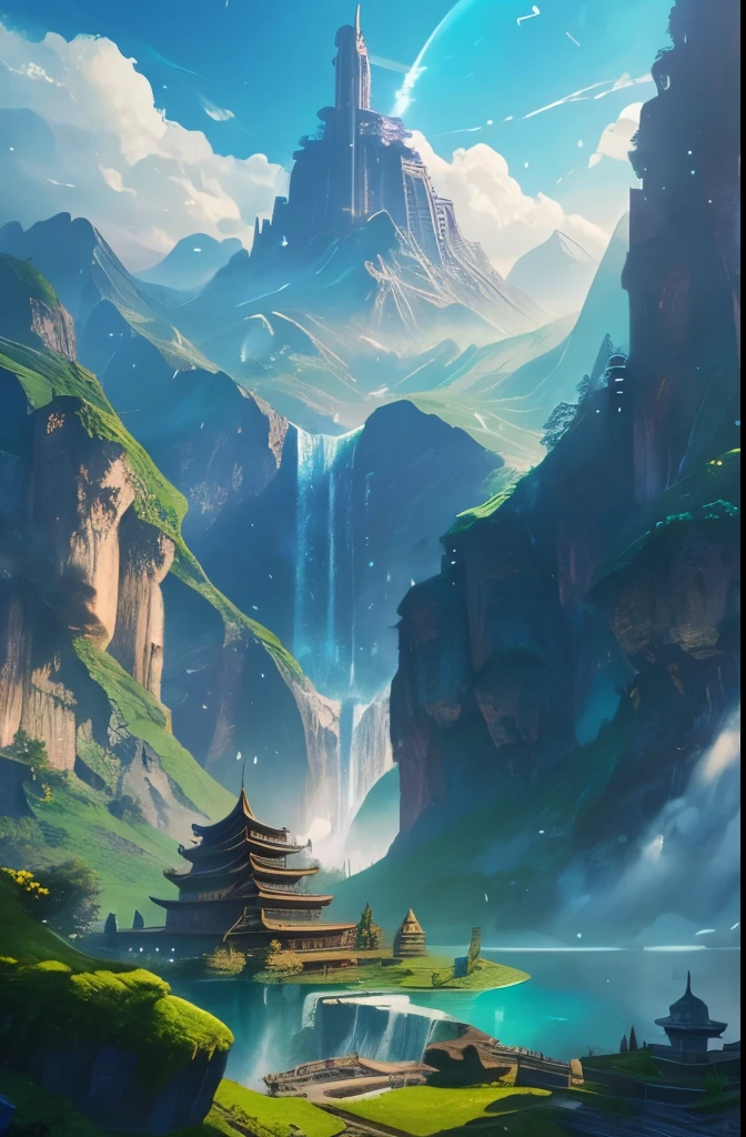 arafed view of a waterfall with a pagoda and a waterfall in the background, fantasy matte painting，cute, scenery artwork, game art matte painting, illustration matte painting, dota! matte painting concept art, dota matte painting concept art, 2. 5 d cgi anime fantasy artwork, dreamy matte painting, fantasy matte painting, avatar landscape, game map matte painting