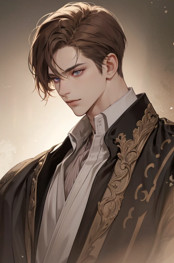 (Best quality),adult, age 38 years old, 1 male mature, very tall, elegant, (very short dark light brown hair), violet eyes, perfect eyes, light brown hair, medieval fantasy style,  richly textured background, soft lighting, portrait style, painting style, deep colors, half body, perfect, half body, big body