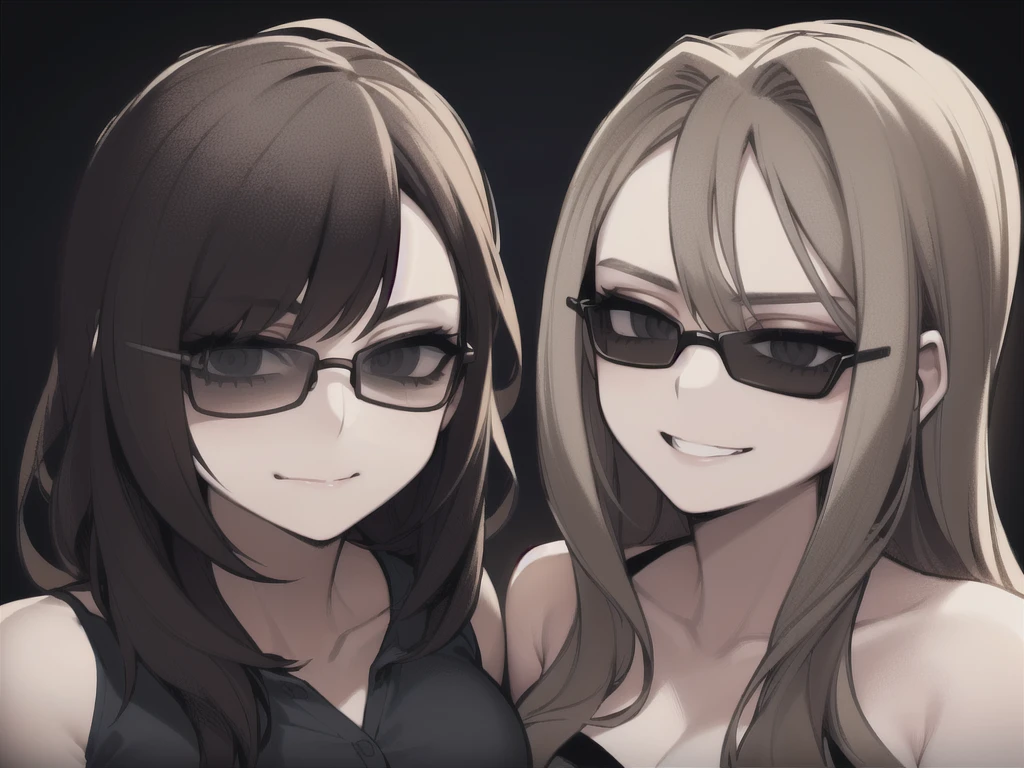 two sexy women who are wives of 4 years old boy, looking at camera, seductive smiles, portrait, various hair, sunglasses
